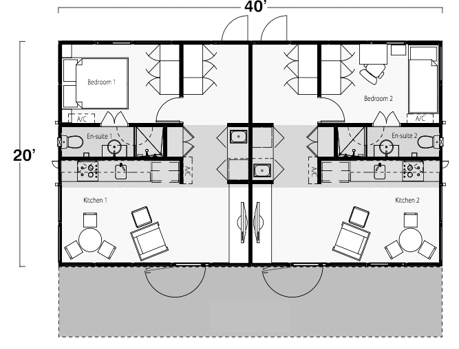 Two Bedroom, Two Bath Shipping Container Home Floor Plan