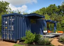 Low Impact Container Studio in Texas.  Recycled, green, sustainable shipping container home.