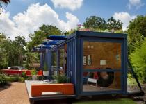 Low Impact Container Studio in Texas.  Recycled, green, sustainable shipping container home.